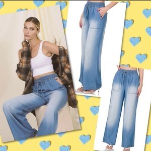 Women's Zenana Chambray Drawstring Wide Leg Pants